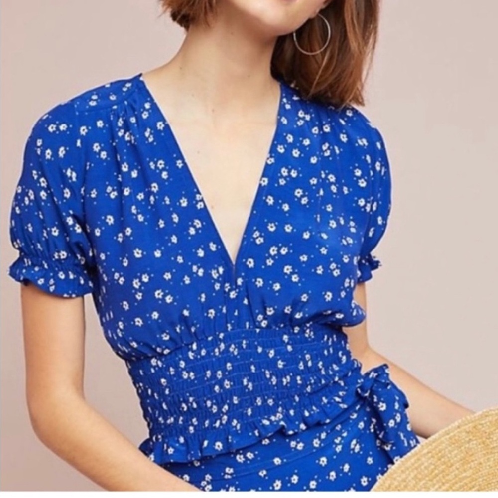 Faithfull the Brand Cobalt Blue Floral Smocked Crop Top